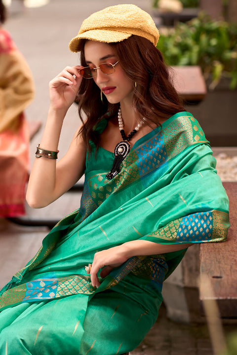 VastraLakshmi Capricious Sea Green Soft Banarasi Silk Saree With Charming Blouse Piece