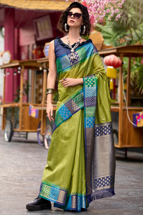 VastraLakshmi Exceptional Mehndi Soft Banarasi Silk Saree With Mesmeric Blouse Piece