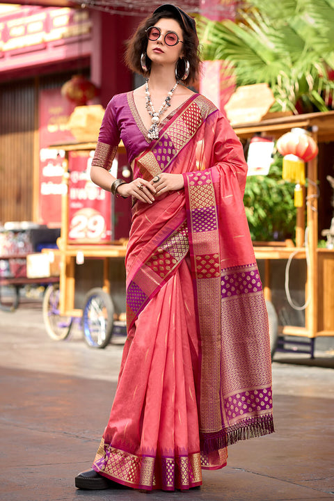 VastraLakshmi Flameboyant Pink Soft Banarasi Silk Saree With Inspiring Blouse Piece