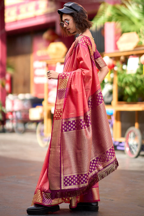 VastraLakshmi Flameboyant Pink Soft Banarasi Silk Saree With Inspiring Blouse Piece