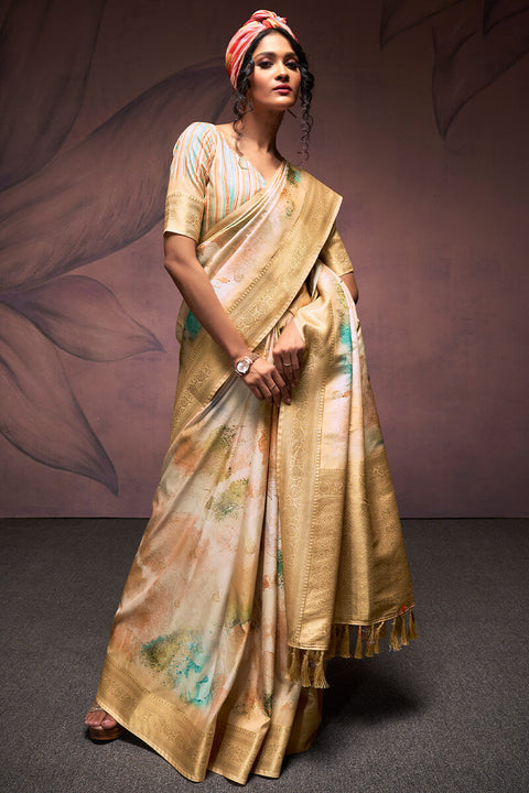 VastraLakshmi Outstanding Beige Digital Printed Soft Silk Saree With Jazzy Blouse Piece