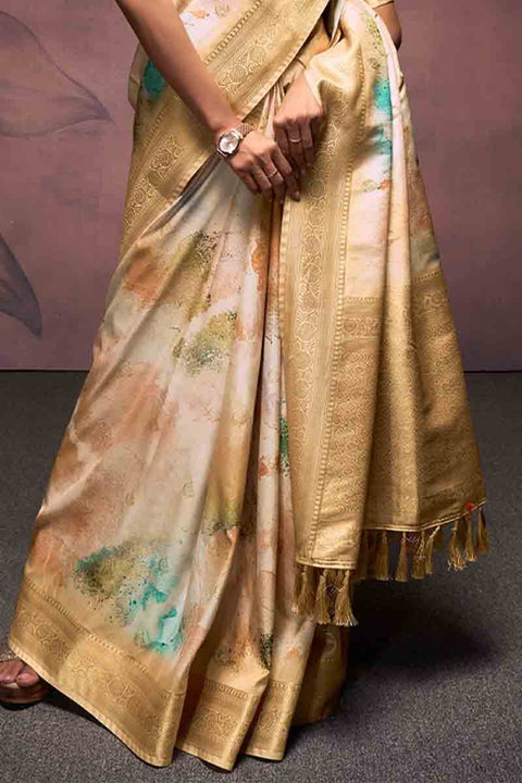 VastraLakshmi Outstanding Beige Digital Printed Soft Silk Saree With Jazzy Blouse Piece