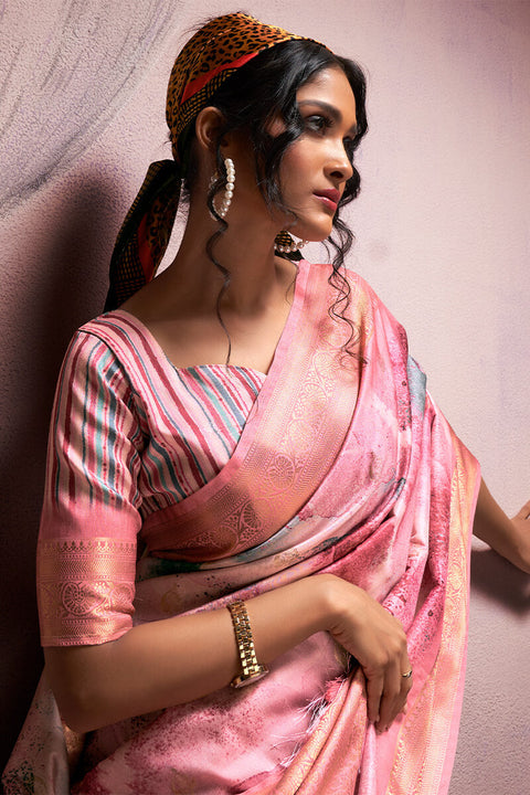 VastraLakshmi Desultory Pink Digital Printed Soft Silk Saree With Eloquence Blouse Piece