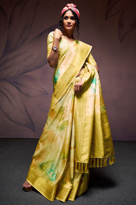 VastraLakshmi Smashing Mustard Digital Printed Soft Silk Saree With Snappy Blouse Piece