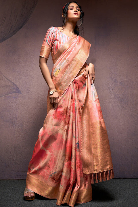 VastraLakshmi Cynosure Peach Digital Printed Soft Silk Saree With Panache Blouse Piece