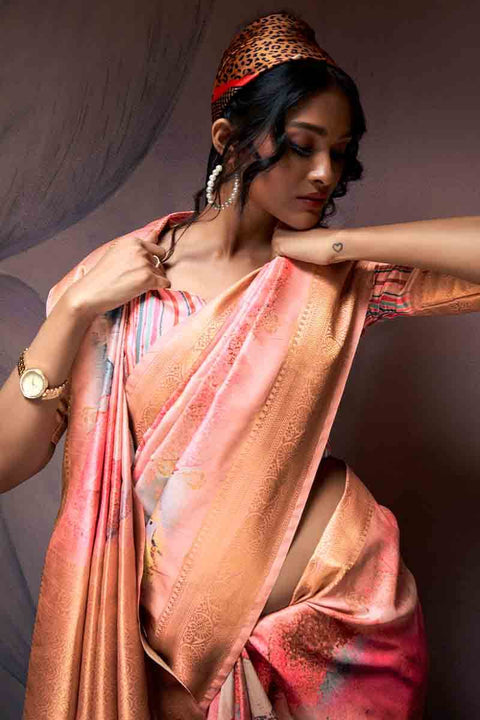 VastraLakshmi Cynosure Peach Digital Printed Soft Silk Saree With Panache Blouse Piece