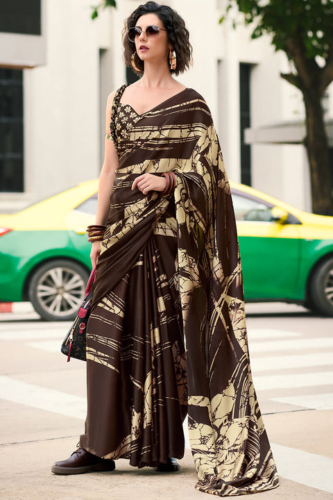 VastraLakshmi Marvellous Brown Digital Printed Satin Silk Saree With Innovative Blouse Piece