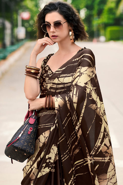 VastraLakshmi Marvellous Brown Digital Printed Satin Silk Saree With Innovative Blouse Piece