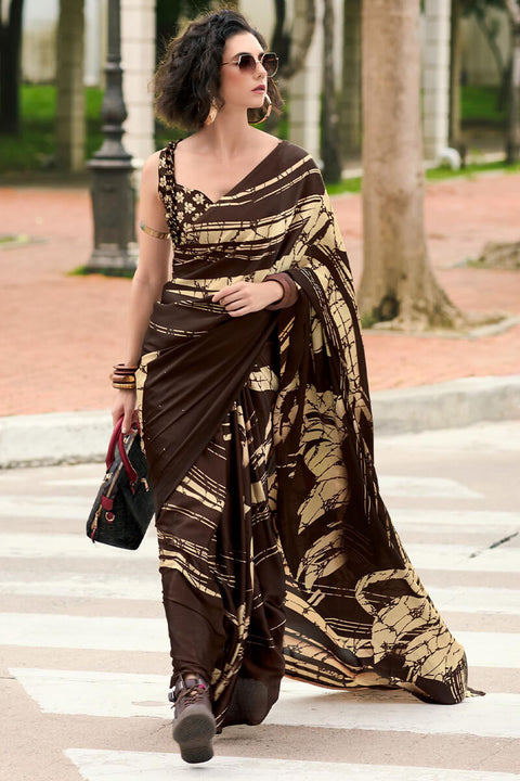 VastraLakshmi Marvellous Brown Digital Printed Satin Silk Saree With Innovative Blouse Piece