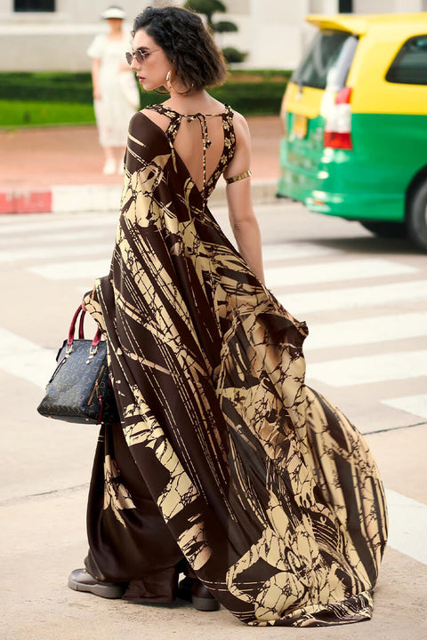 VastraLakshmi Marvellous Brown Digital Printed Satin Silk Saree With Innovative Blouse Piece