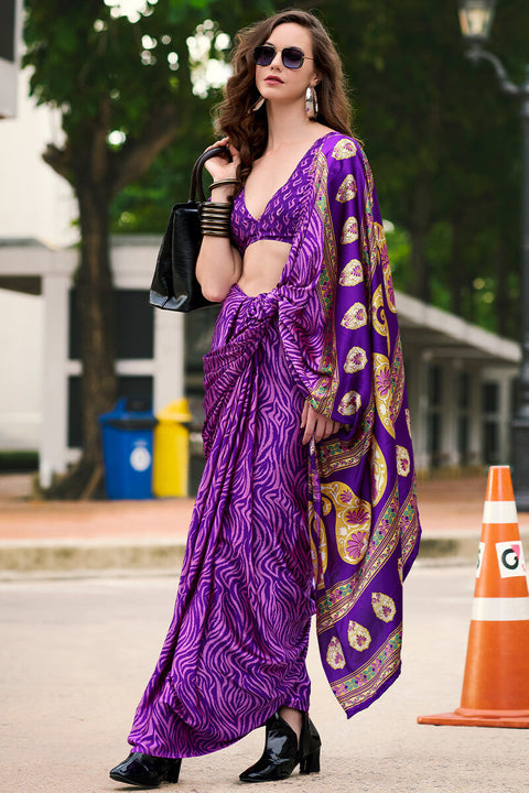 VastraLakshmi Amazing Purple Digital Printed Satin Silk Saree With Pretty Blouse Piece