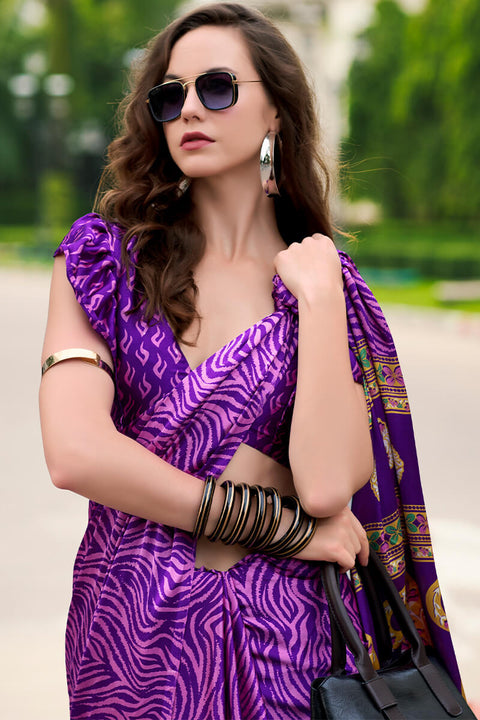 VastraLakshmi Amazing Purple Digital Printed Satin Silk Saree With Pretty Blouse Piece