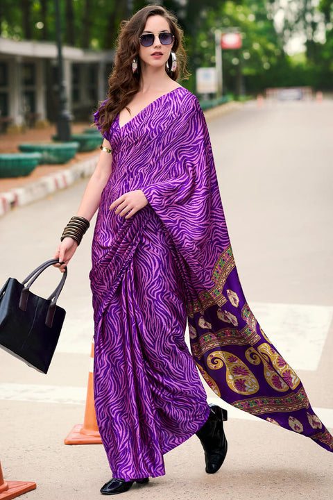 VastraLakshmi Amazing Purple Digital Printed Satin Silk Saree With Pretty Blouse Piece