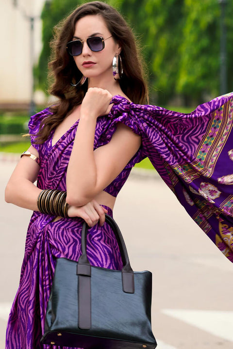 VastraLakshmi Amazing Purple Digital Printed Satin Silk Saree With Pretty Blouse Piece