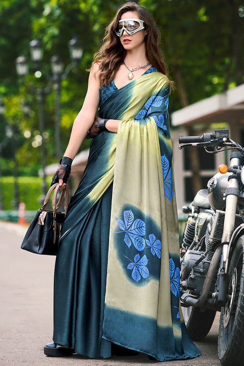 VastraLakshmi Extraordinary Dark Green Digital Printed Satin Silk Saree With Lovely Blouse Piece