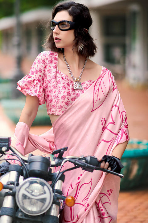 VastraLakshmi Energetic Baby Pink Digital Printed Satin Silk Saree With Attractive Blouse Piece