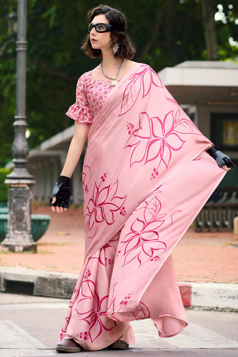 VastraLakshmi Energetic Baby Pink Digital Printed Satin Silk Saree With Attractive Blouse Piece