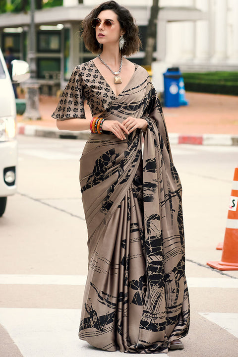 VastraLakshmi Flaunt Light Brown Digital Printed Satin Silk Saree With Refreshing Blouse Piece