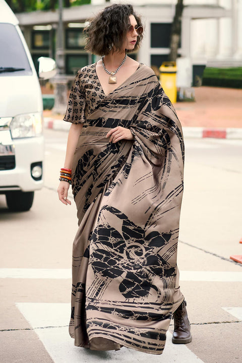 VastraLakshmi Flaunt Light Brown Digital Printed Satin Silk Saree With Refreshing Blouse Piece