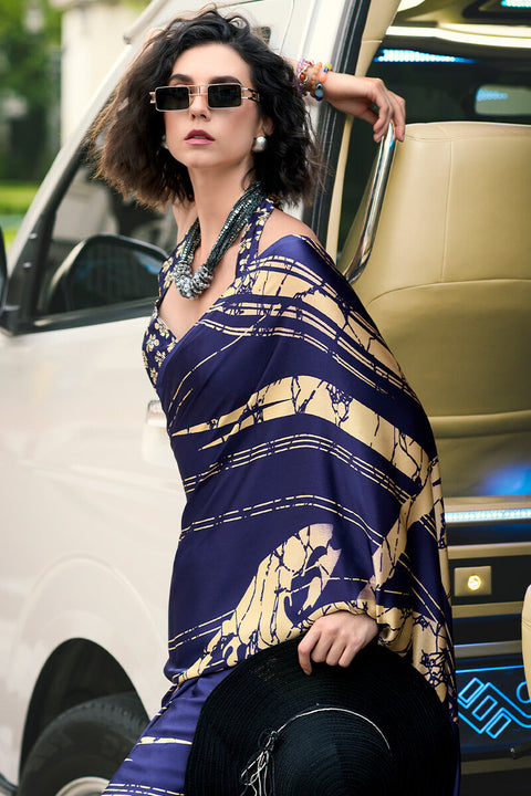 VastraLakshmi Flaunt Navy Blue Digital Printed Satin Silk Saree With Sensational Blouse Piece