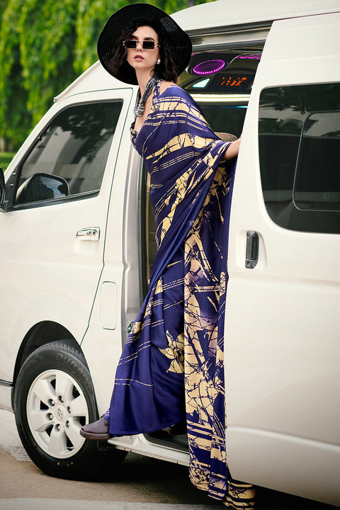 VastraLakshmi Flaunt Navy Blue Digital Printed Satin Silk Saree With Sensational Blouse Piece