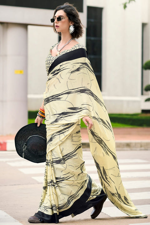 VastraLakshmi Sizzling Beige Digital Printed Satin Silk Saree With Gorgeous Blouse Piece