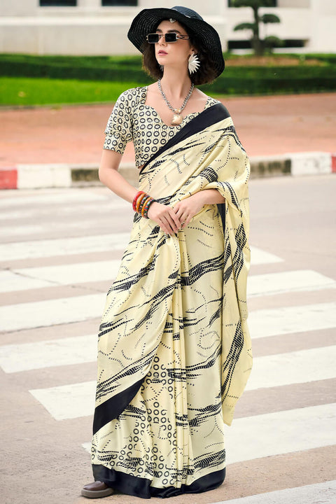 VastraLakshmi Sizzling Beige Digital Printed Satin Silk Saree With Gorgeous Blouse Piece