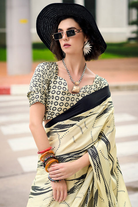 VastraLakshmi Sizzling Beige Digital Printed Satin Silk Saree With Gorgeous Blouse Piece