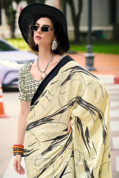 VastraLakshmi Sizzling Beige Digital Printed Satin Silk Saree With Gorgeous Blouse Piece