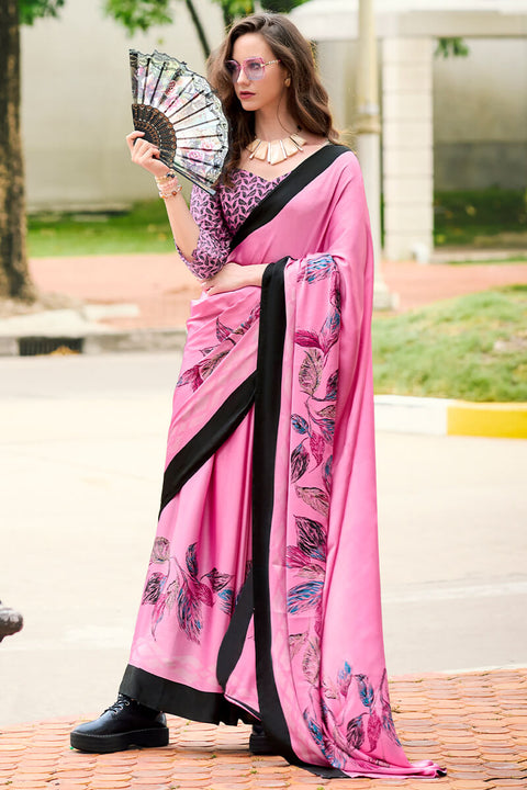 VastraLakshmi Alluring Pink Digital Printed Satin Silk Saree With Wonderful Blouse Piece