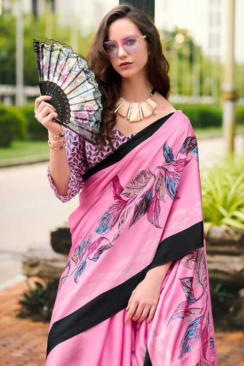 VastraLakshmi Alluring Pink Digital Printed Satin Silk Saree With Wonderful Blouse Piece