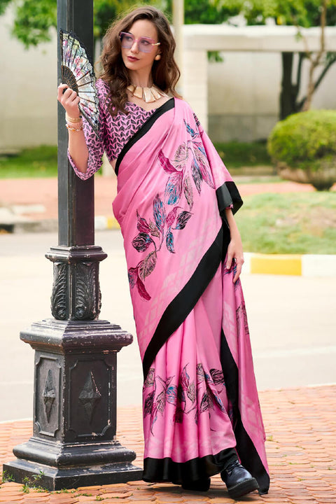 VastraLakshmi Alluring Pink Digital Printed Satin Silk Saree With Wonderful Blouse Piece