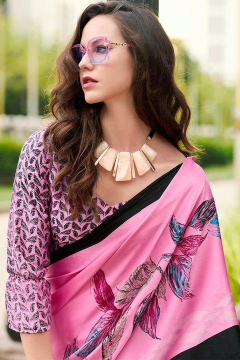 VastraLakshmi Alluring Pink Digital Printed Satin Silk Saree With Wonderful Blouse Piece