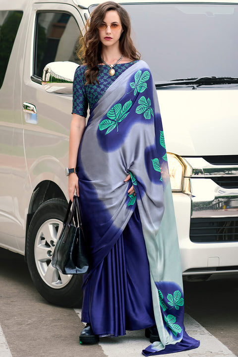 VastraLakshmi Skinny Grey and Blue Digital Printed Satin Silk Saree With Capricious Blouse Piece