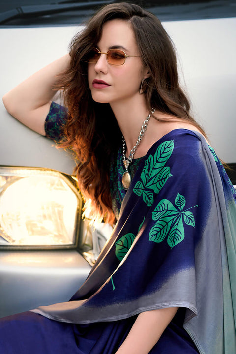 VastraLakshmi Skinny Grey and Blue Digital Printed Satin Silk Saree With Capricious Blouse Piece