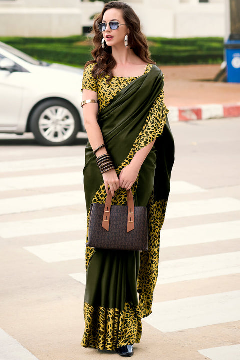 VastraLakshmi Adorning Dark Green Digital Printed Satin Silk Saree With Unique Blouse Piece