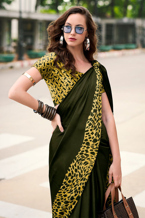 VastraLakshmi Adorning Dark Green Digital Printed Satin Silk Saree With Unique Blouse Piece