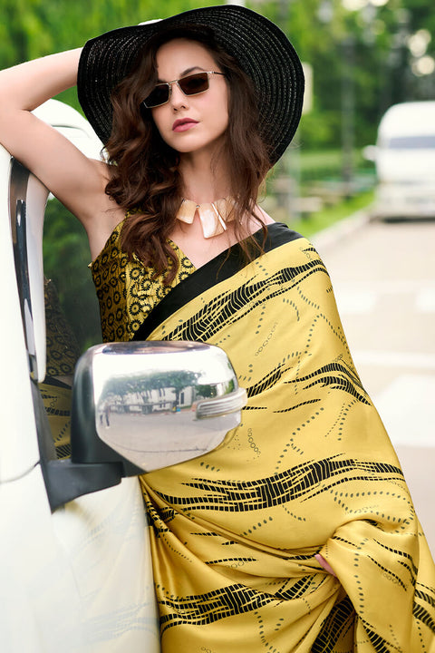 VastraLakshmi Dazzling Yellow Digital Printed Satin Silk Saree With Gratifying Blouse Piece