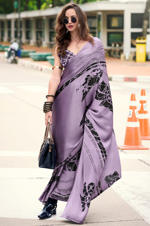 VastraLakshmi Phenomenal Lavender Digital Printed Satin Silk Saree With Outstanding Blouse Piece