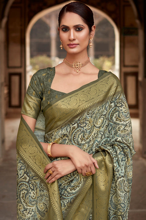 VastraLakshmi Nemesis Grey Digital Printed Soft Silk Saree With Radiant Blouse Piece