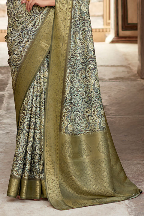 VastraLakshmi Nemesis Grey Digital Printed Soft Silk Saree With Radiant Blouse Piece