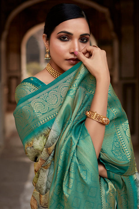 VastraLakshmi Devastating Green Digital Printed Soft Silk Saree With Winsome Blouse Piece