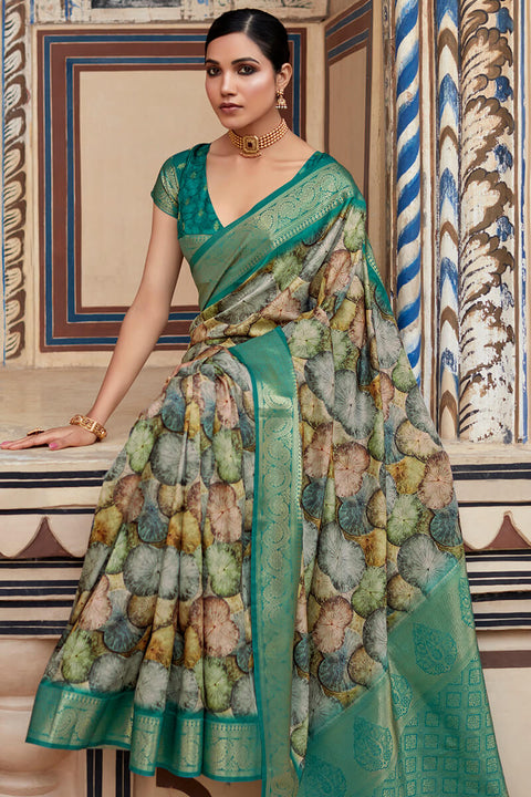 VastraLakshmi Devastating Green Digital Printed Soft Silk Saree With Winsome Blouse Piece