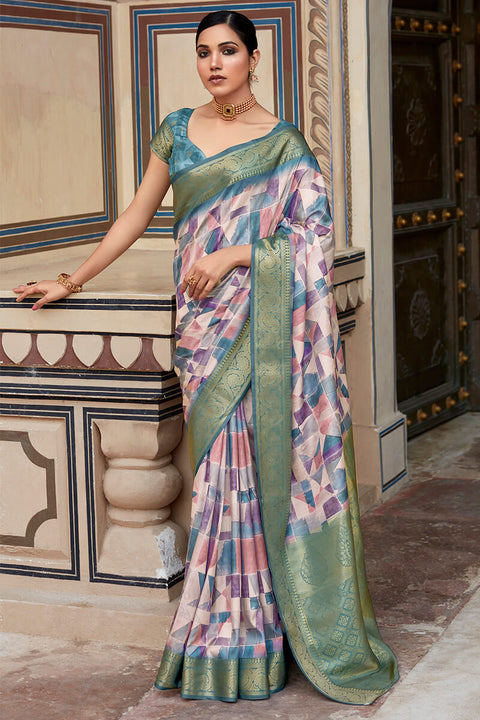 VastraLakshmi Snappy Baby Pink Digital Printed Soft Silk Saree With Seraphic Blouse Piece