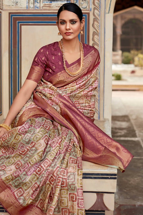 VastraLakshmi Elaborate Wine Digital Printed Soft Silk Saree With Resonant Blouse Piece