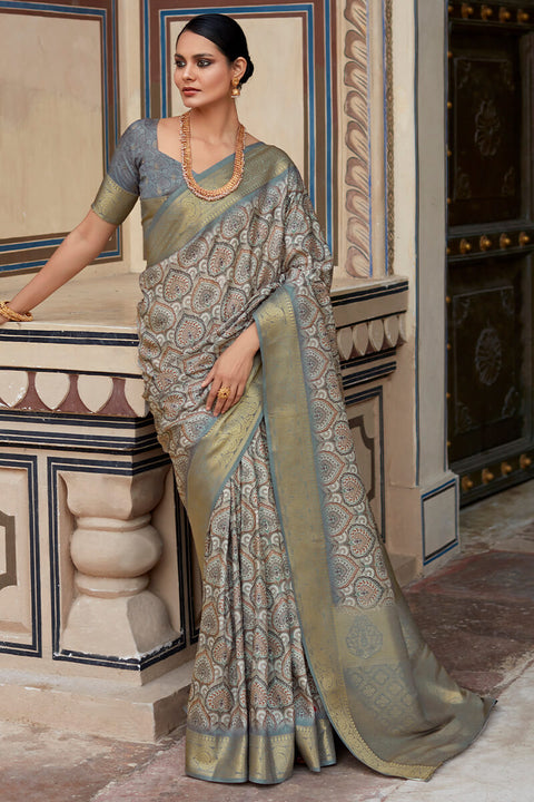 VastraLakshmi Enchanting Grey Digital Printed Soft Silk Saree With Alluring Blouse Piece