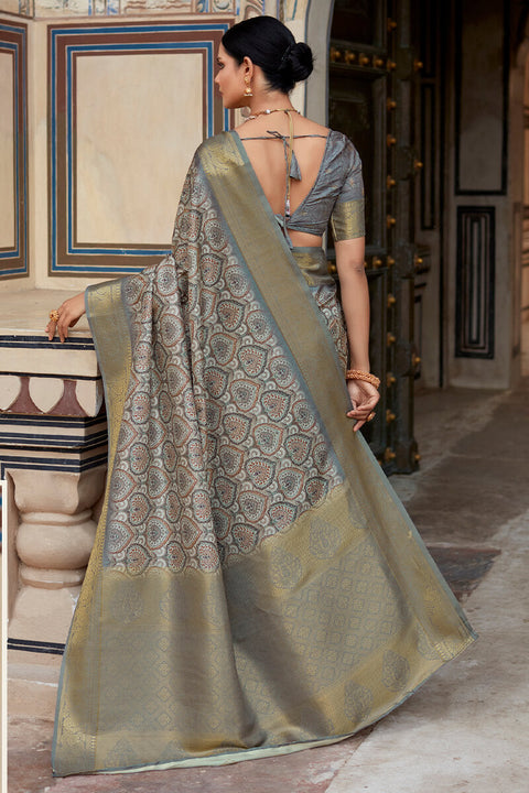 VastraLakshmi Enchanting Grey Digital Printed Soft Silk Saree With Alluring Blouse Piece