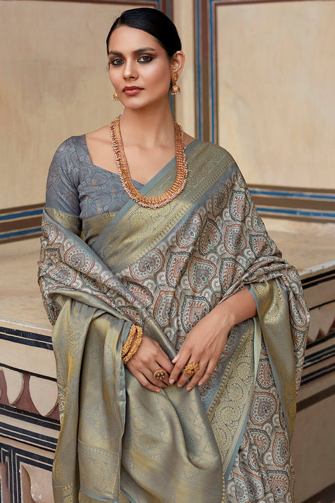 VastraLakshmi Enchanting Grey Digital Printed Soft Silk Saree With Alluring Blouse Piece