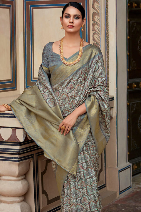 VastraLakshmi Enchanting Grey Digital Printed Soft Silk Saree With Alluring Blouse Piece