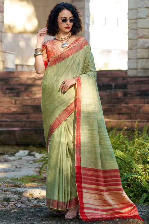 VastraLakshmi Arresting Pista Cotton Silk Saree With Prominent Blouse Piece